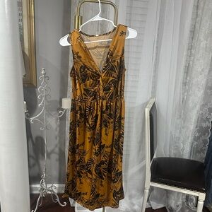 Emerald Mustard and Black Leaf Print Midi Dress